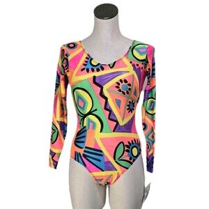 GK Elite VTG 90s Abstract Neon Butterfly LS Dance Leotard Bodysuit AS Adult S